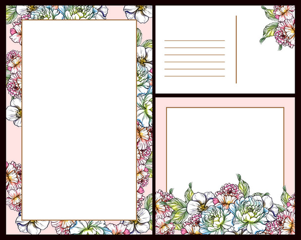 vector illustration of colored invitation card, vintage style flowers pattern - Wektor, obraz