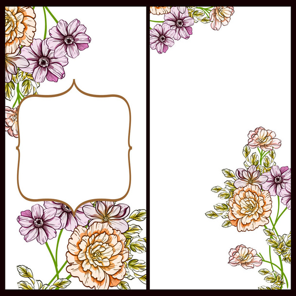 vector illustration of colored invitation card, vintage style flowers pattern - Vetor, Imagem