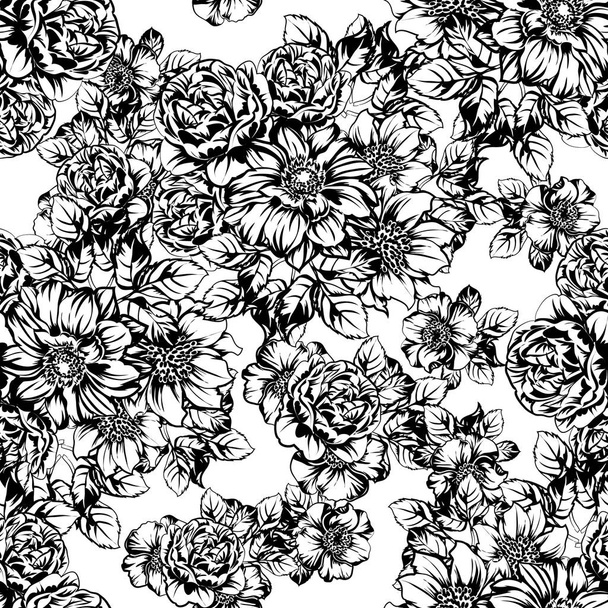 vector illustration of black and white retro flowers pattern background - Vektor, Bild