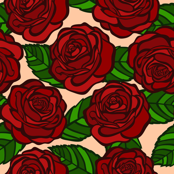 seamless background. Red roses with green leaves in the old style - Vektori, kuva