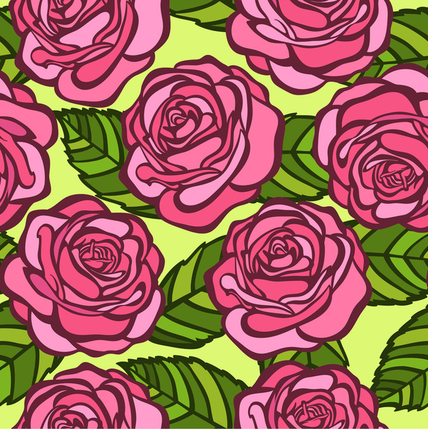 seamless background. Pink roses with green leaves in the old style - Vector, Image