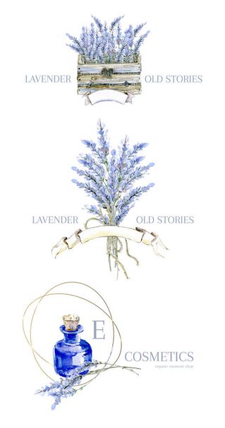 Watercolor hand drawn lavender logo. Provence collection. Vial, bouquet, wooden box with lavender. Natural retro product emblem. Lilac color. - Photo, image