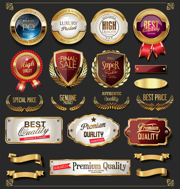 Colección de insignias y etiquetas de oro de primera calidad retro vintage - Vector, imagen