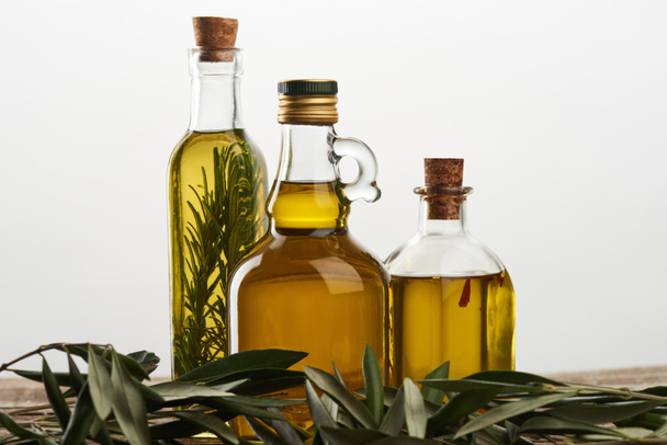 bottles of olive oil flavored with rosemary, and olive tree branch isolated on grey  - Фото, зображення