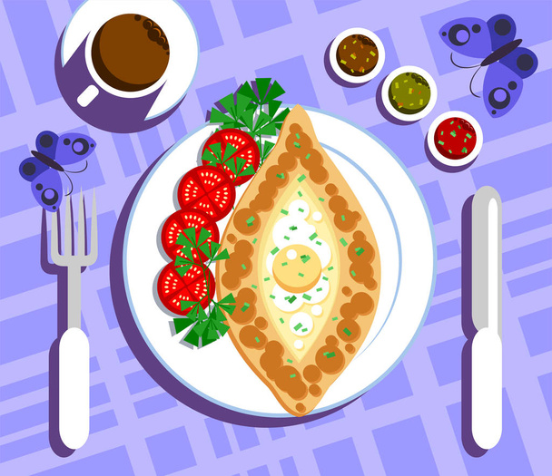 Khachapuri - tortilla with cheese, on a plate surrounded by greens and slices of tomatoes - Vector, Image