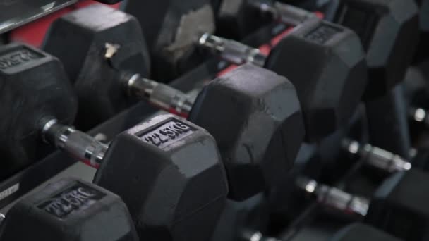 Dumbbells for training lie on the rack in the gym. - Footage, Video