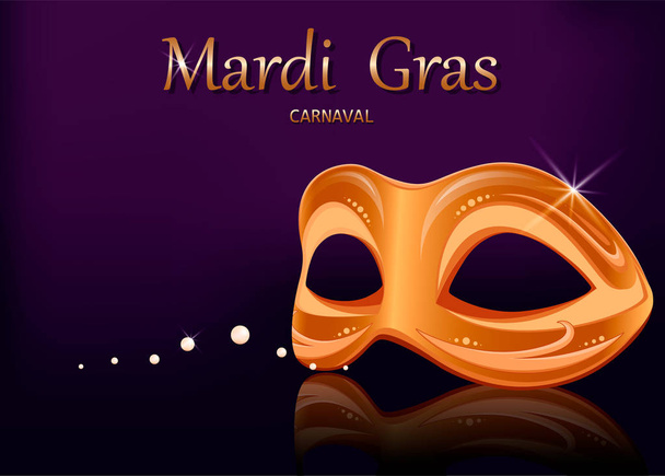 Карнавальная маска Марди Гра. Открытка с золотой маской для традиционного праздника Марди Гра. Векторная иллюстрация на фиолетовом фоне
 - Вектор,изображение