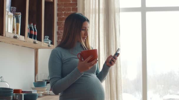 Pregnant woman use smart phone by the window in the kitchen - Filmati, video