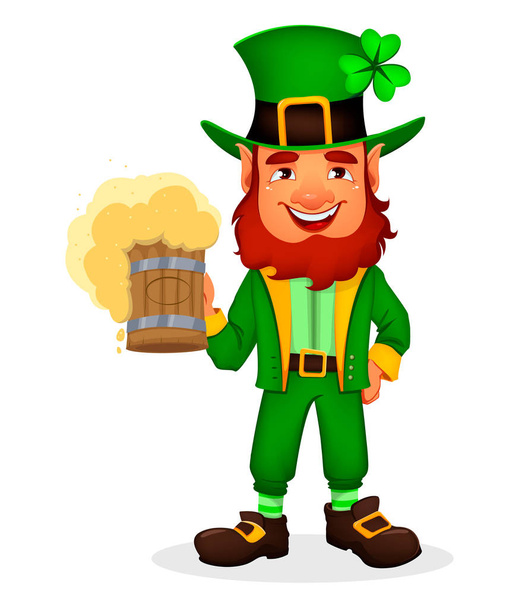Saint Patrick day. Cute funny cartoon character Leprechaun holds beer. Great design for any purposes. Vector illustration - Vector, Image