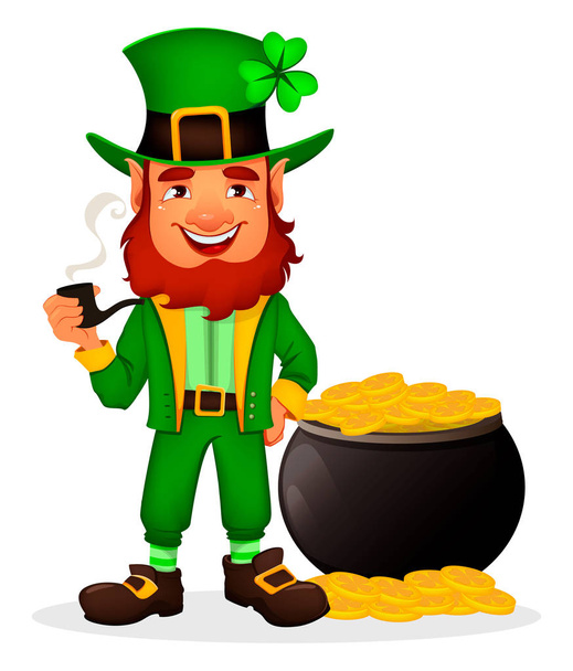 Saint Patrick day. Cute funny cartoon character Leprechaun holds smoking pipe and stands near pot with gold. Great design for any purposes. Vector illustration - Vector, Image