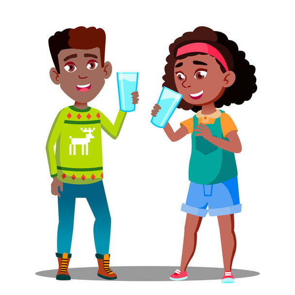 Két Afro-amerikai gyerekek egy üveg levelezésből adódó ökológiai tej. Elszigetelt illusztráció - Vektor, kép