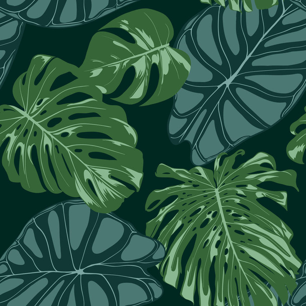 Vector Tropic Seamless Pattern. Philodendron and Alocasia Leaves. Hand Drawn Jungle Foliage in Watercolor Style. Exotic Background. Seamless Tropic Leaf for Textile, Cloth, Fabric, Decoration, Paper. - Vector, afbeelding