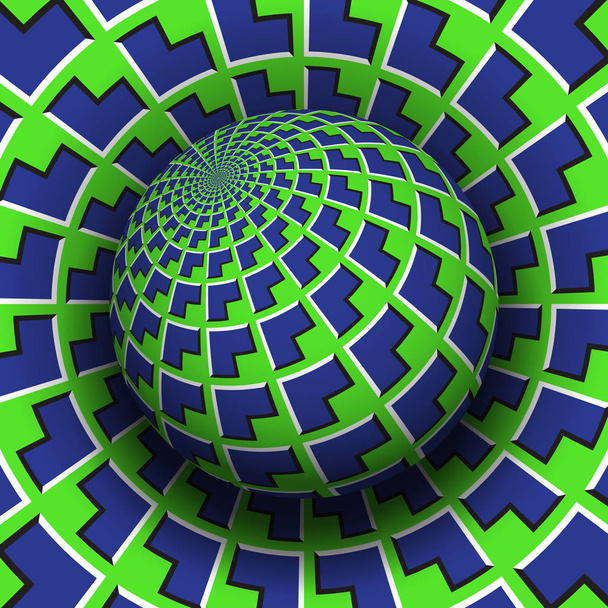 Illustration vectorielle illusion optique. Flèches bleues vertes à motifs sphériques s'élevant au-dessus de la même surface
. - Vecteur, image