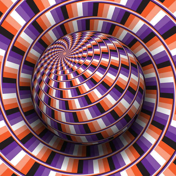 Optische illusie hypnotische vectorillustratie. Oranje paars wit zwart patroon bol stijgende boven hetzelfde oppervlak. - Vector, afbeelding