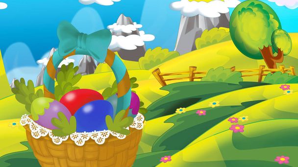 cartoon happy easter basket full of eggs with beautiful flowers on nature spring background - illustration for children - Fotó, kép