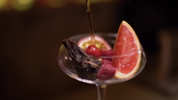 Alcohol poured in the glass with fruits slowly close up - Footage, Video