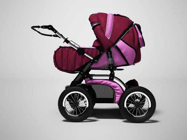 Chodící nový růžový kočárek pro baby boční pohled 3d vykreslení na šedém pozadí se stínem - Fotografie, Obrázek