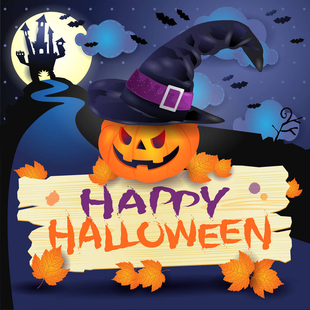 Halloween-Hintergrund mit Kürbis im Hut, Holzschild und Burg - Vektor, Bild