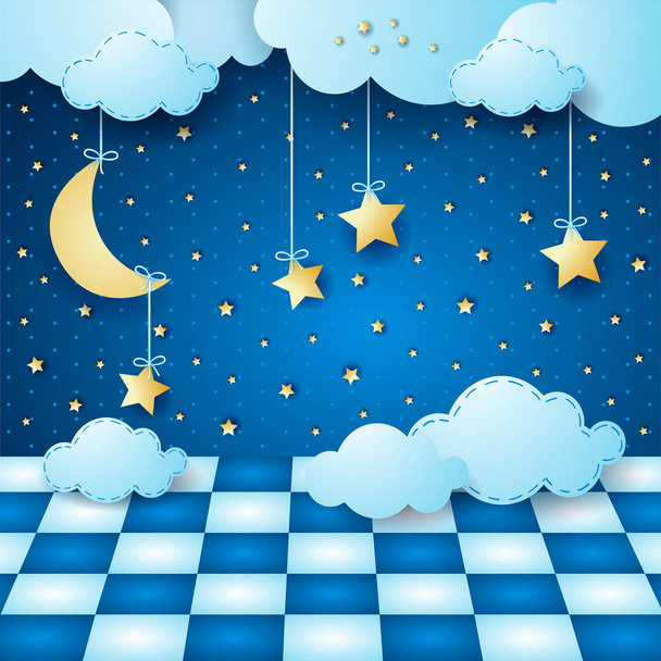 ilustración del cielo nocturno con estrellas, nubes y piso a cuadros
 - Vector, Imagen