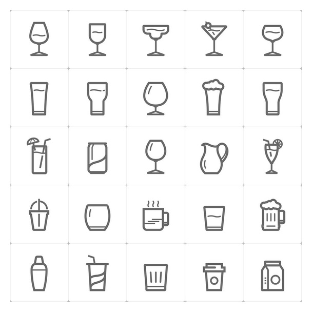 Ícone conjunto de vidro e bebida esboço curso vetor ilustração no fundo branco
 - Vetor, Imagem