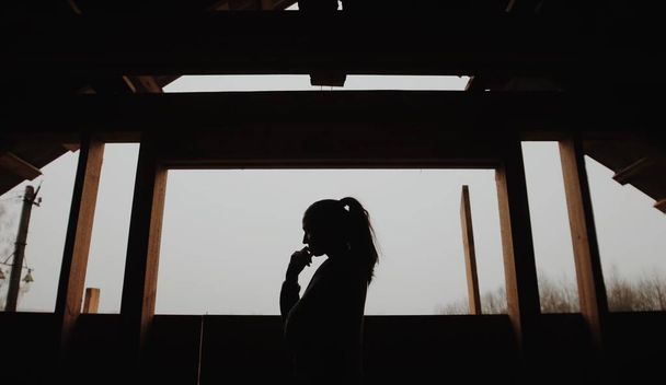 Silhouette eines jungen schönen Mädchens im Dorf. Modell auf dem Hintergrund eines Waldes. Mädchen vor dem Fenster. - Foto, Bild