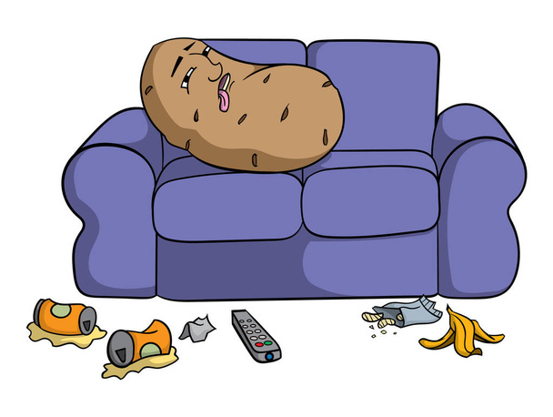 personnage de dessin animé de pomme de terre fatiguée sur canapé avec des feuilles isolées sur fond blanc, vecteur, illustration
  - Vecteur, image