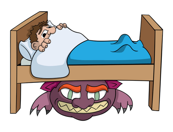 cartoon boy medo monstro sob a cama isolado no fundo branco, vetor, ilustração
  - Vetor, Imagem
