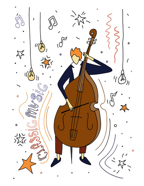 Vector illustration. Stylized guy playing the cello. Doodle style sketch. - Vector, Image