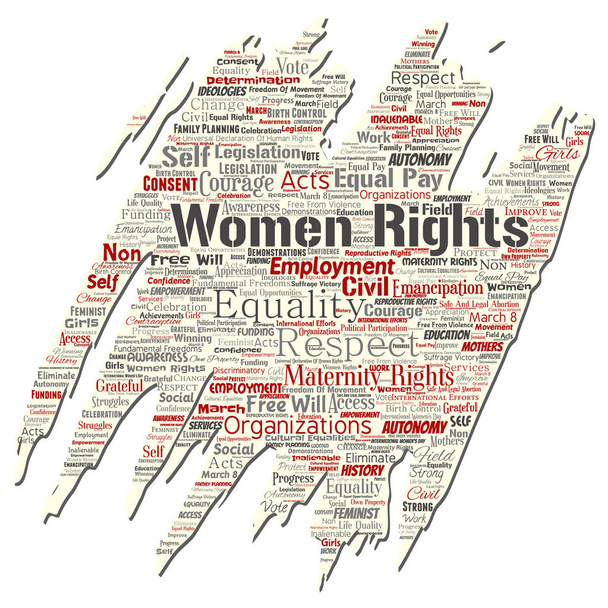 Vektör kavramsal kadın hakları, eşitlik, serbest eski yırtık kağıt kelime izole bulut arka plan. Feminizm, güçlendirme, dürüstlük, fırsatları, farkındalık, cesaret, eğitim kavramı kolaj - Vektör, Görsel