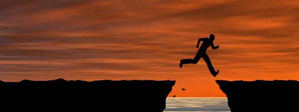 Koncepce nebo konceptuální 3d ilustrace mladý muž nebo podnikatel silueta skok šťastný z útesu nad průlomové údolí východu nebo západu slunce obloha pozadí nápis - Fotografie, Obrázek