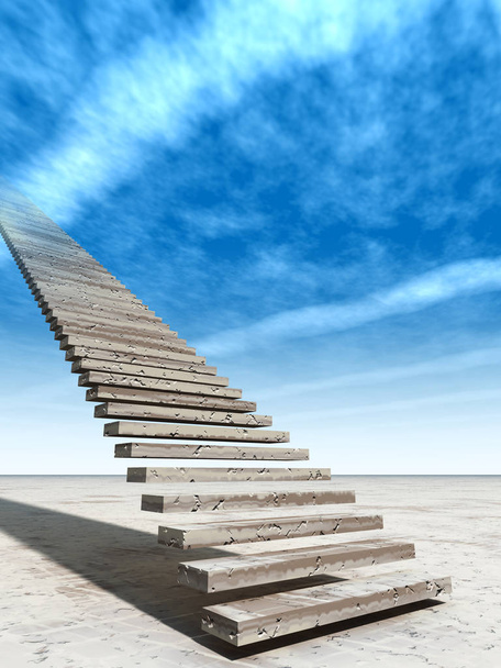 Koncepce nebo konceptuální 3d ilustrace schodiště kroky do nebe na pozadí oblohy v poušti s mraky - Fotografie, Obrázek