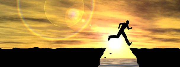 Concepto o ilustración conceptual 3D joven hombre o hombre de negocios silueta salto feliz desde el acantilado sobre la brecha de agua puesta de sol o amanecer cielo fondo bandera
 - Foto, Imagen
