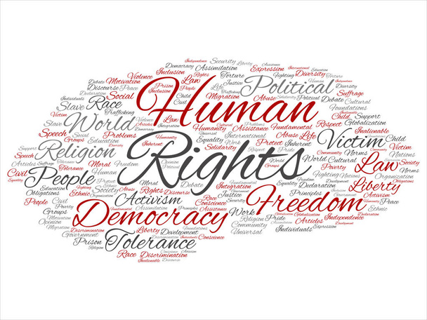 Концепція або концептуальні права людини політична свобода, демократія абстрактне слово хмара ізольовані фон. Колаж людства світова толерантність, принципи права, люди справедливість дискримінація text
 - Фото, зображення