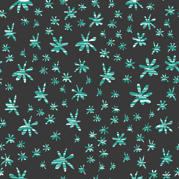 Hand drawn doodle flowers textured with horizontal green and white zebra brush stroke texture on a dark grey background. Seamless vector pattern. Great for home decor, fashion, stationery, gift wrap and more - Vector, Image