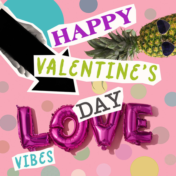 teksti onnellista ystävänpäivää ja sana vibes, kuten paperi leikkauksia, ananas, suuntaava nuoli tai kirjaimen muotoisia ilmapalloja, jotka muodostavat sanan rakkaus, vaaleanpunainen tausta, kuten nykytaiteen kollaasi
 - Valokuva, kuva