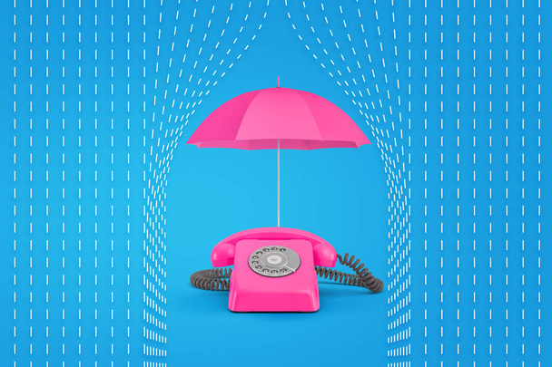3d rendering of pink umbrella on top of pink retro telephone with drawn rain lines on blue background - Fotó, kép