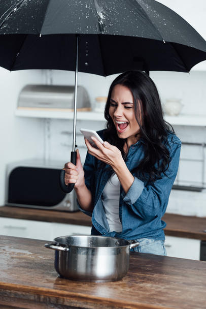 Angry woman with smartphone and umbrella screaming during water damage - Photo, Image
