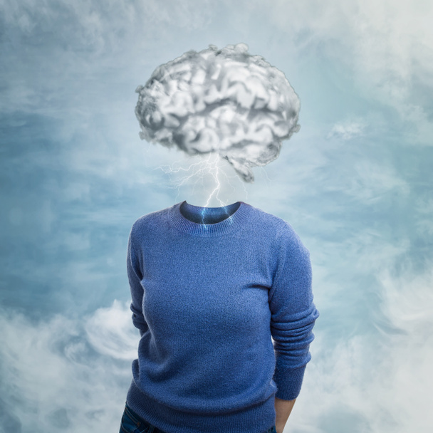 Brainstorm concept as woman has invisible face and cloud shaped brain instead of head. Incognito introvert hide identity. Head in the clouds person social mask. Mental disorder psychological concept. - Photo, Image