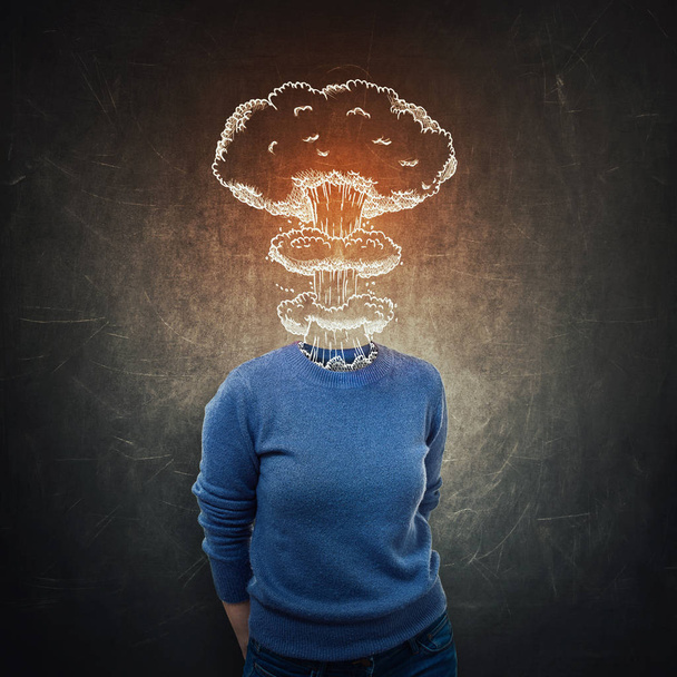 Surreal portrait stressed anonymous young woman head explosion over dark blackboard background. Mental state problems, human brain explode. Nervous person nuclear mushroom boom sketch failure concept. - Photo, Image