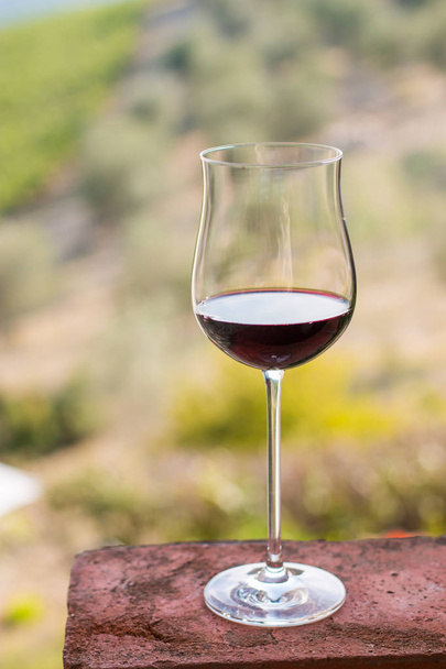 トスカーナ、イタリアで赤ワインのガラスを楽しんでいます。バック グラウンドでぼやけてワイン ヤード. - 写真・画像