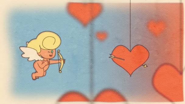 Létající Amor, která střílí srdce lásky v den svatého Valentýna. Akvarelu kreslené animace s tah a výplň. - Záběry, video