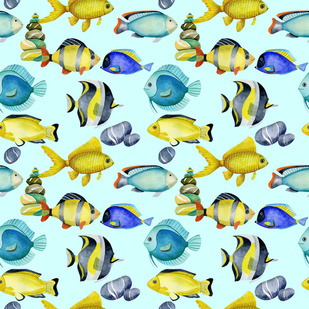 Seamless pattern with watercolor fish surgeon, goldfishes and other oceanic fishes, hand painted on a blue background - Zdjęcie, obraz
