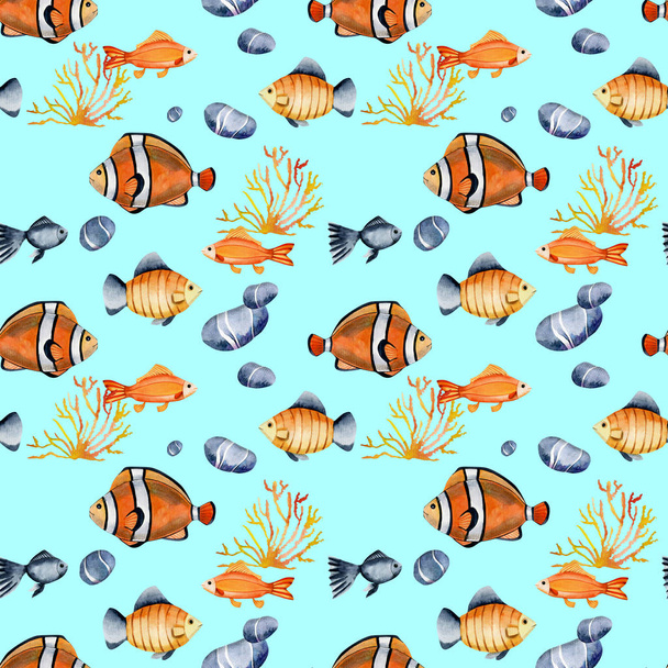 Seamless pattern with watercolor clown fishes and other oceanic fishes at the bottom of the ocean, hand painted on a blue background - Photo, Image