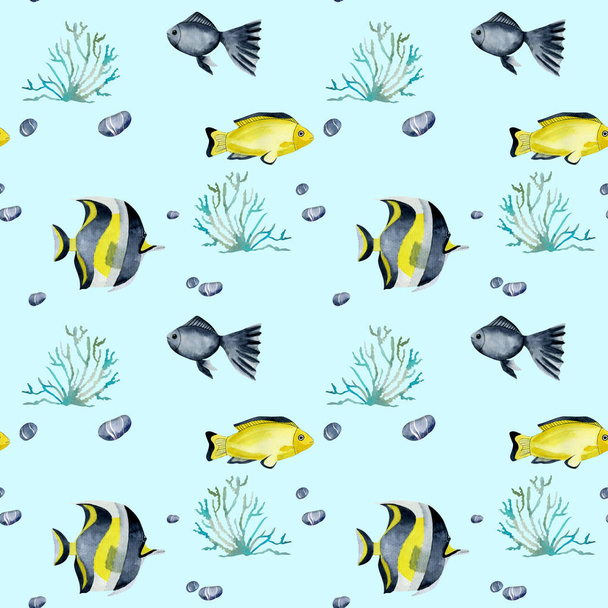 Wzór z akwarela ryby chirurg i innych ryb oceanicznych, ręcznie malowane na niebieskim tle - Zdjęcie, obraz