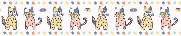 Hand drawn geometric vector cats. Seamless repeating border illustration with childish rainbow color. Cartoon style geometric kitten character washi. Feline animal trim. Kids fashion kitty banner. - Vector, Image
