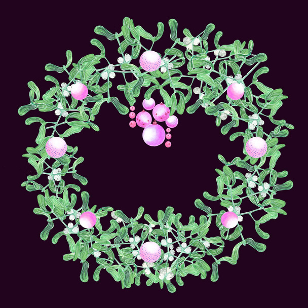 watercolor mistletoe wreath on dark background - Photo, image