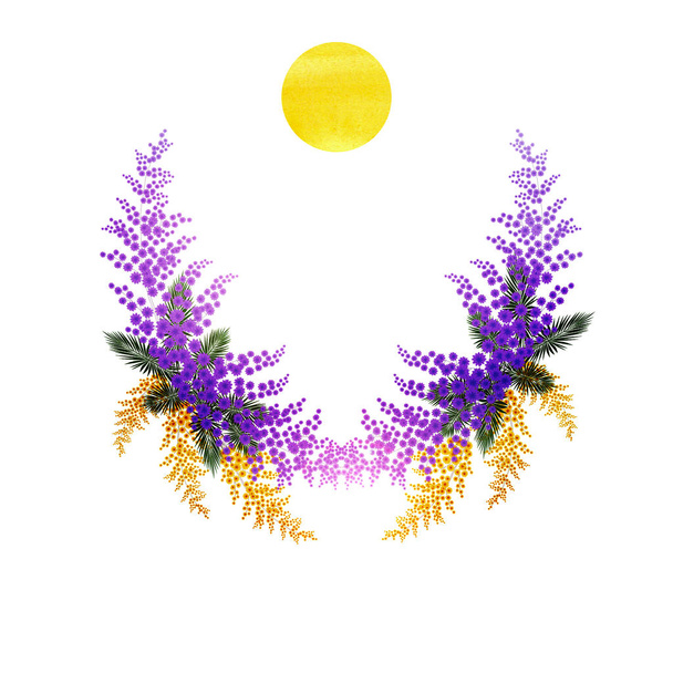 watercolor flower crown made of yellow and purple flowers with sun on top of it - Foto, Bild