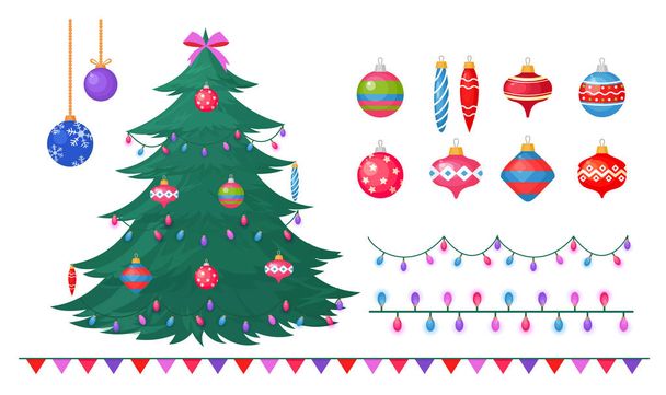 Vektorové ilustrace vánočního stromu s různými dekoracemi, pozdravy koncepce, decorete vánoční strom o barevné ozdoby, dárkové krabičky, girlandy. Prvky pro vánoční strom dekorace - Vektor, obrázek