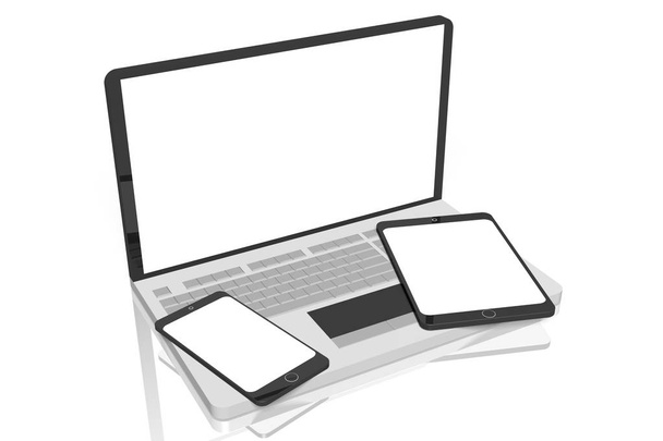 laptop 3D, computer, tablet, telefono cellulare isolato su sfondo bianco
 - Foto, immagini