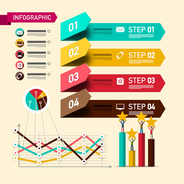 Diseño infográfico de cuatro pasos con elementos de diseño vectorial y símbolos de calificación. Infografías de papel con gente de negocios y gráficos
. - Vector, Imagen